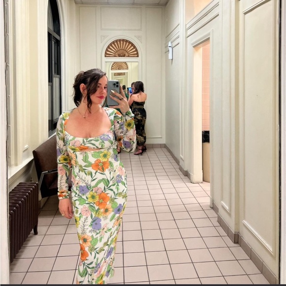 Floral Long-Sleeve Square Neck Maxi Dress - White with Multicolor Blooms - Picture 3 of 5